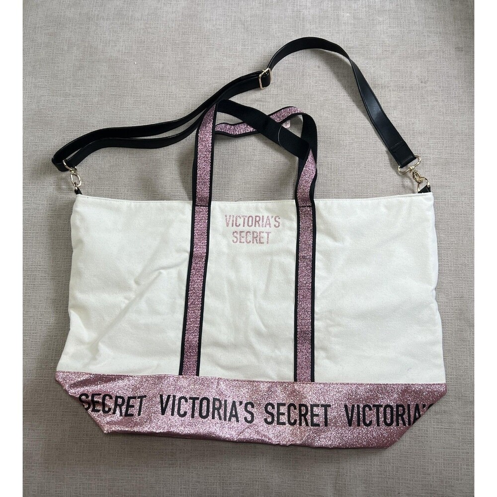 Victoria's Secret Tote Bag Womens Extra Large White Pink Glitter Logo Crossbody